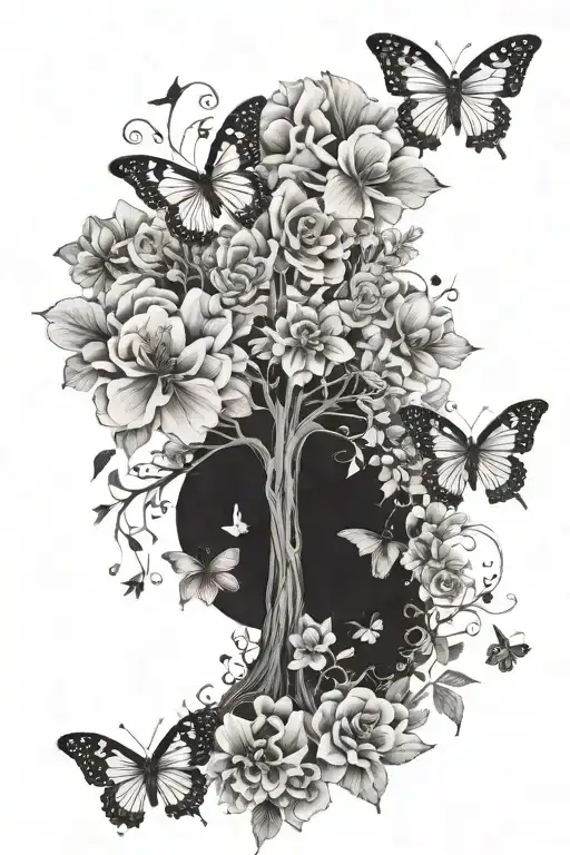 Flowers And Butterflies Flying Around A Tree