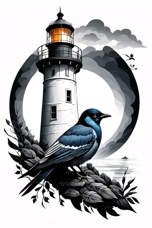 Lighthouse And Tui Bird