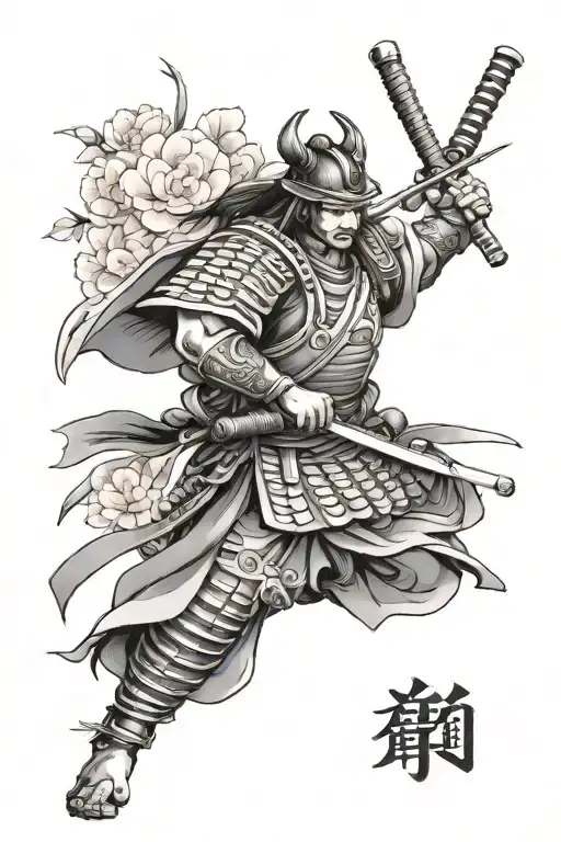 Samurai With China House And Pink Flowers