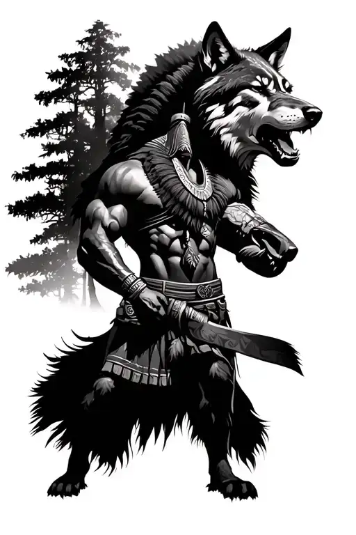 A Powerful Zulu Warrior With An Aggressive Wolf Superimposed Behind Him And Trees