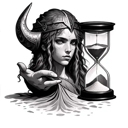 Viking Head With Hands Holding Hourglass With Girl Inside Sand Falling Upon Her