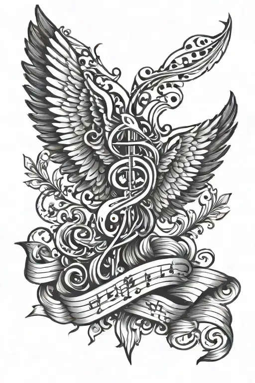 Dark Wing With Music Note Ribbon Intertwined