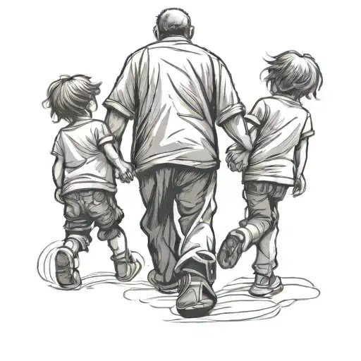 Man Holding Two Kids Hands Walking Away
