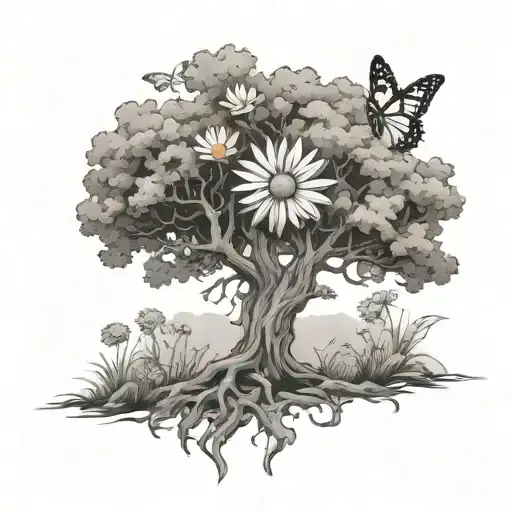 Oak Tree With A Daisy And A Butterfly Resting