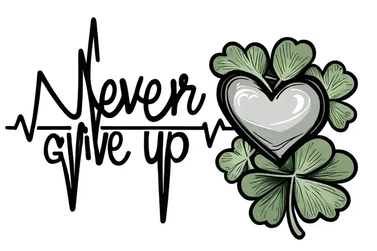 Heart Beat Line With Heart Four Leaf Clover And Phrase Never Give Up