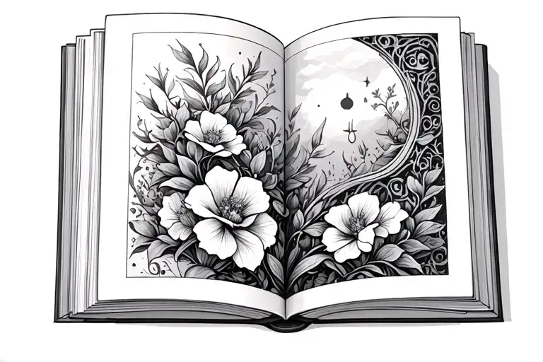 Book Open With Fantasy Scene And Floral Patterns Intertwined