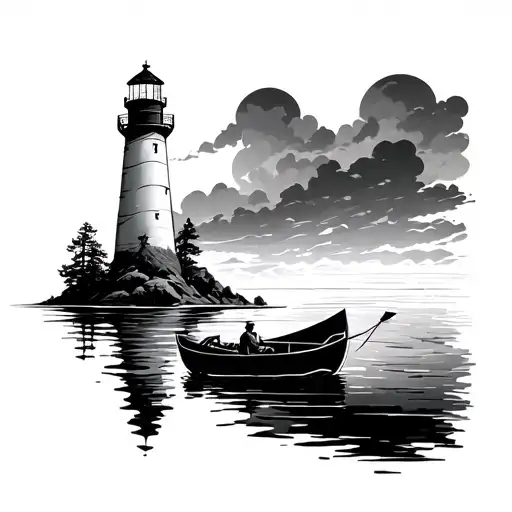 Lighthouse And Rowboat Drifting Towards