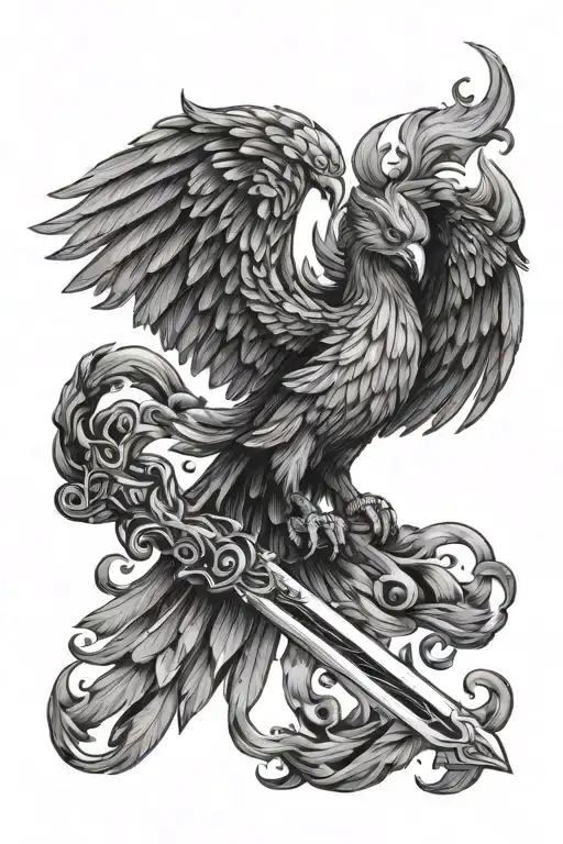 Phoenix With A Sword And Blue Fire