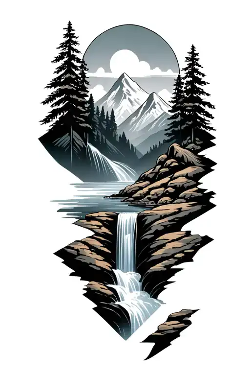 Nature Geometric Tattoo With Waterfall And Mountains