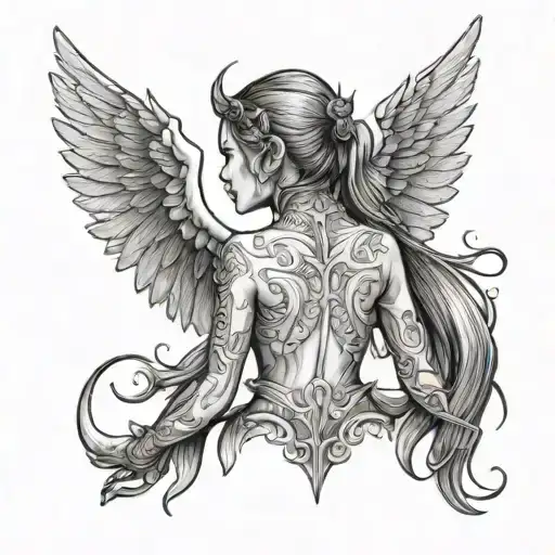 Back Tatto Of Half Angel Half Demon Girl