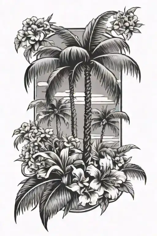 Black And Grey Traditional Palm Tree And Floral