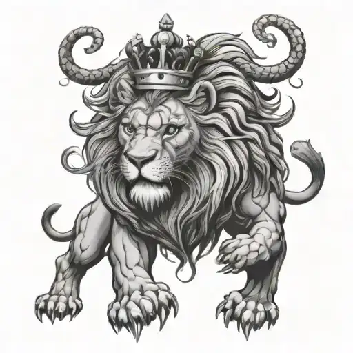 Fierce Lion Wearing A Crown Stomping On A Serpent