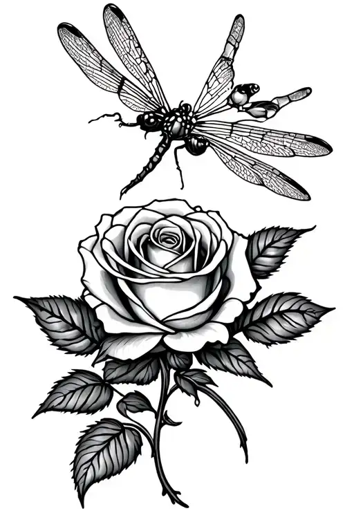 Rose With Dragonfly Fine Line