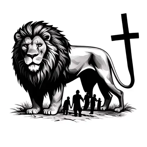 Lion With A Cross In The Background With A Family At The Bottom Shading