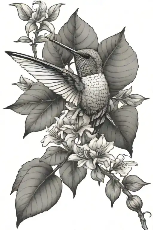 Hummingbird With Basic Leaves On Stem Realism Blackwork