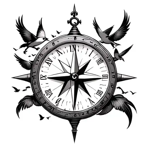 Compass Anchor Birds Flying Away Time Clock