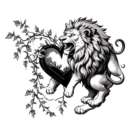 Lion Pulling On Ivy Vines Tied To A Heart