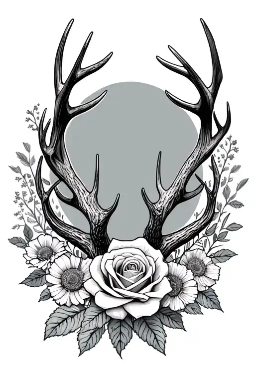 Wildflowers And Roses Deer Antlers Intertwined