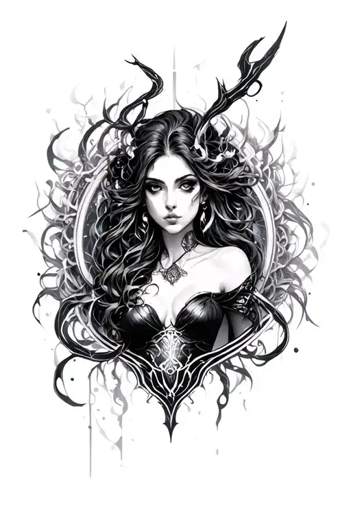 Dark Art Siren Surrounded By Cyber Sigilism