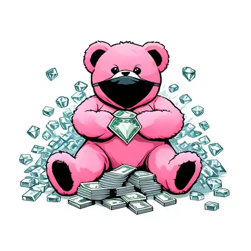 Pink Teddy Bear With Ski Mask On Top Of Head Holding Stacks Of Cash & Diamonds Laying Around