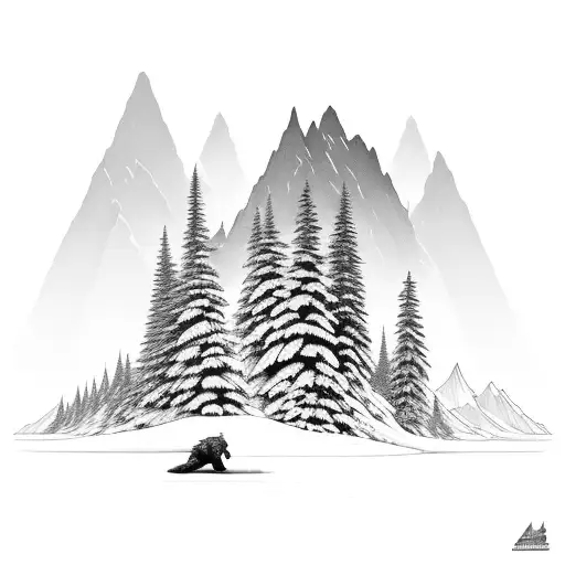 A Majestic Mountain Landscape With A Hidden Bigfoot Figure Among The Trees