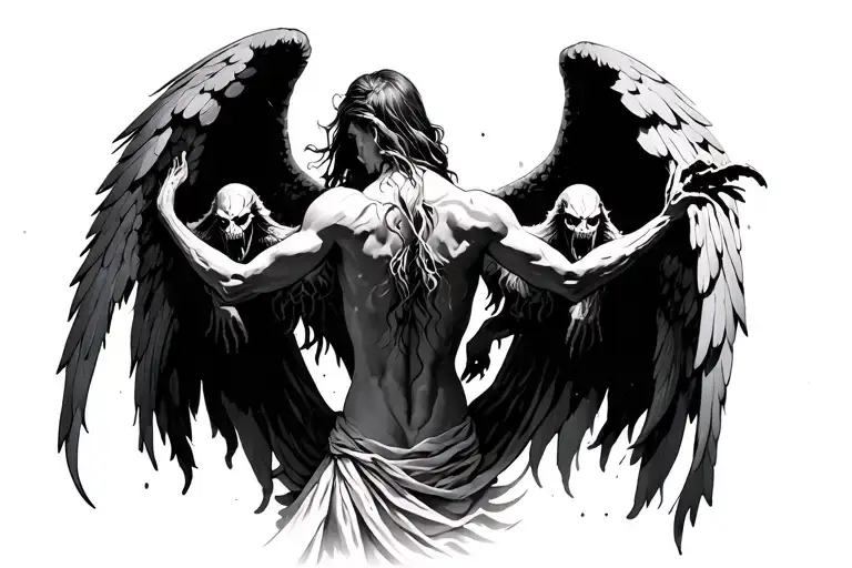 Back Facing Angel With Demons Approaching
