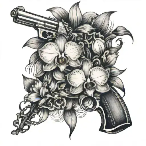 Gun And Orchid Flowers With Vein Wrapping Around