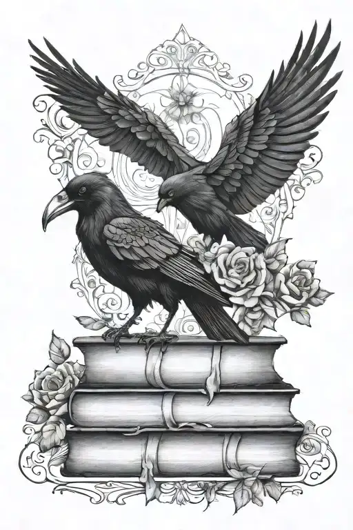 Gothic Vines And Flowers Above And Below A Raven Standing On Books