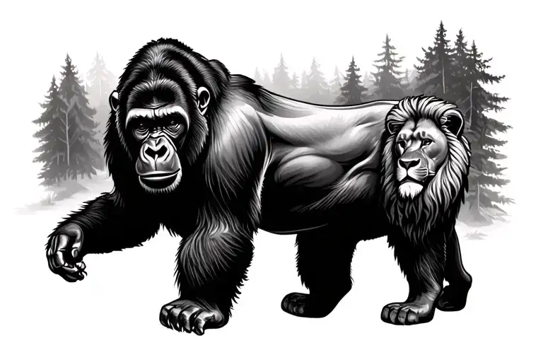 Gorilla And Lion In A Forest Scene