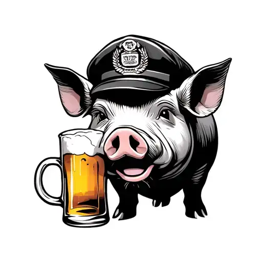 Pig With A Cop Cap Drinking Beer Oldschool Black And Grey