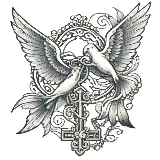 Two Doves Flying Cross Rosary Wrapped Loosely