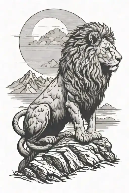 Lion Sitting On A Mountain Top During Sunrise