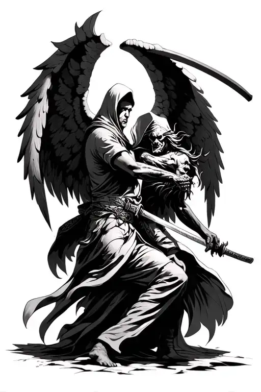 Hooded Arch Angel Defeating A Demon With Katana