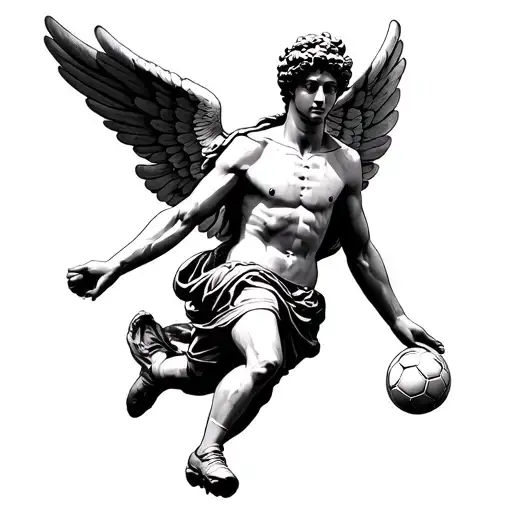 Greek Statue With Wings Which Is Playing Soccer Dribbling