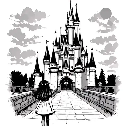 Little Girl Walking Towards Disneyland Castle Silhouette
