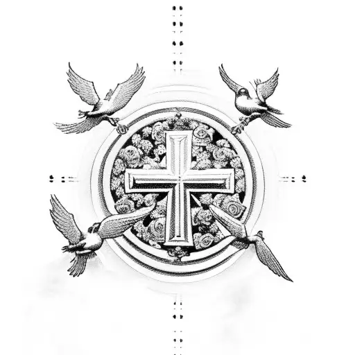 Christian Cross With Doves And Roses