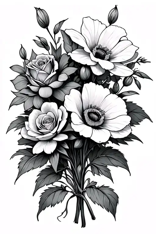 Bouquet Of Flowers With A Rose A Poppy A Larkspur A Waterlily And A Gladiolus