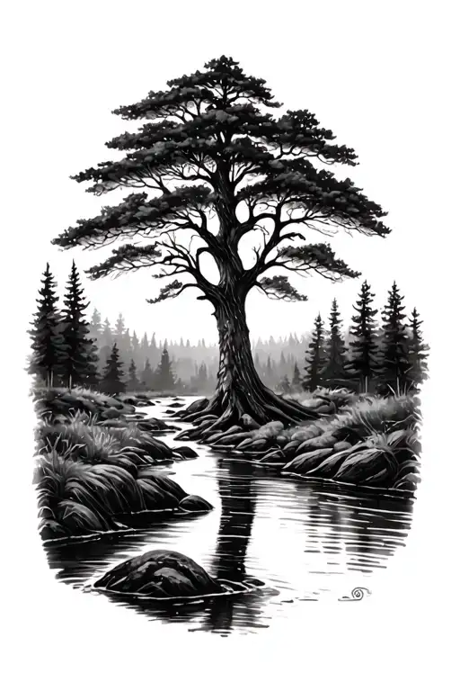 Tree Along Stream In Forest