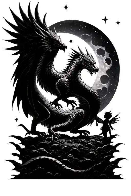 Phoenix Next To A Dragon With Fairy Sitting On The Moon With Stars Mystical Scene