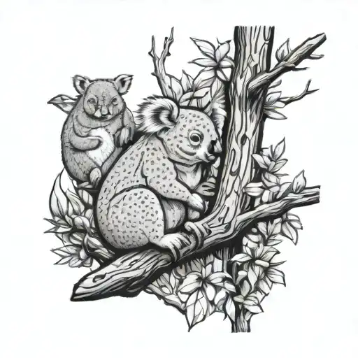 Koala And Kookaburra On A Gum Tree Next To A Creek With A Platypus Swimming And A Wombat Drinking