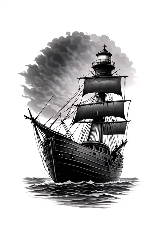 Shipwreck And Lighthouse Shining