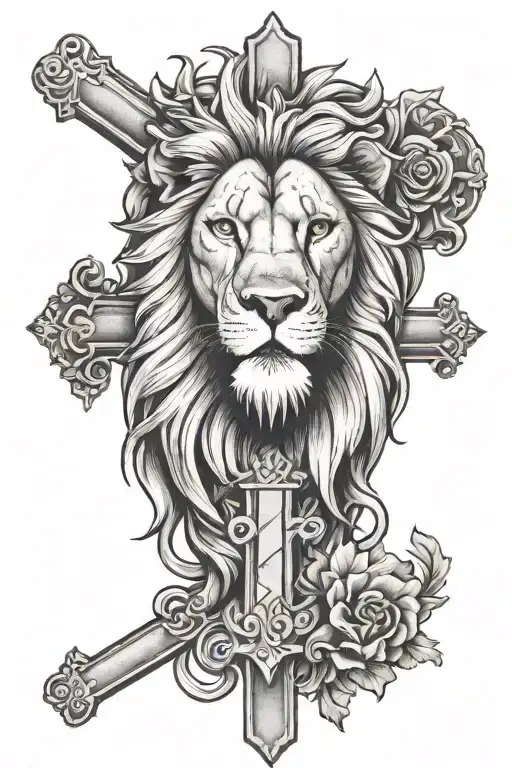 Lion Face With A Cross Tattoo Design Inspired