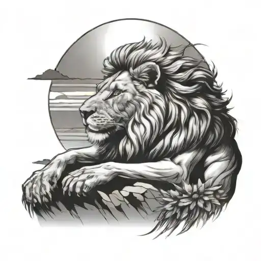 Lion Sitting On A Mountain Top During Sunrise