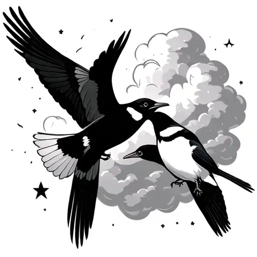 2 Magpies Flying Towards Eachother With A Cloud Background And Stars Also In The Background
