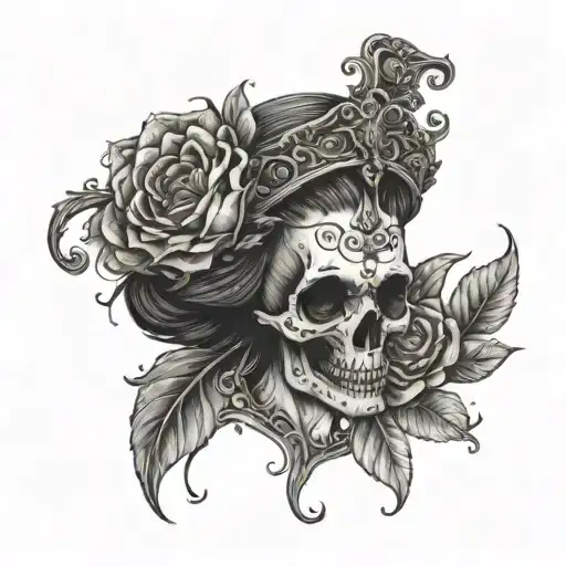 Half Skull Face Half Real Face Queen Of Hell Holding Pomegranate With Flowers