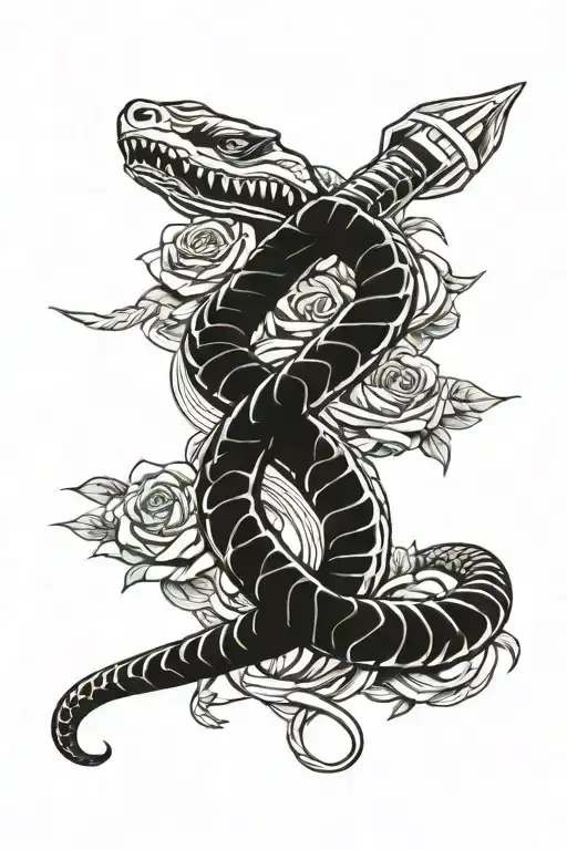 Whole Snake Wrapped Around Dagger And Rose Intertwined