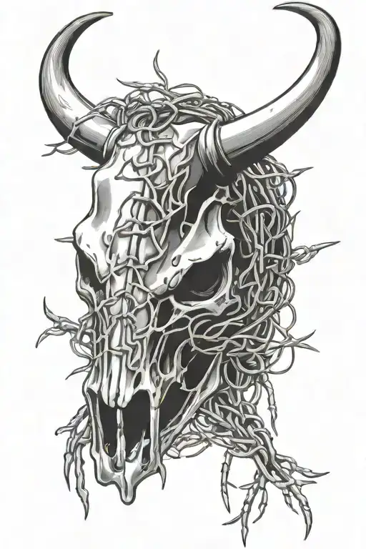 Bull Skull Covered In Barbed Wire
