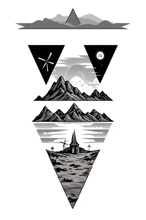 3 Triangles With Desert Mountains And Windmills