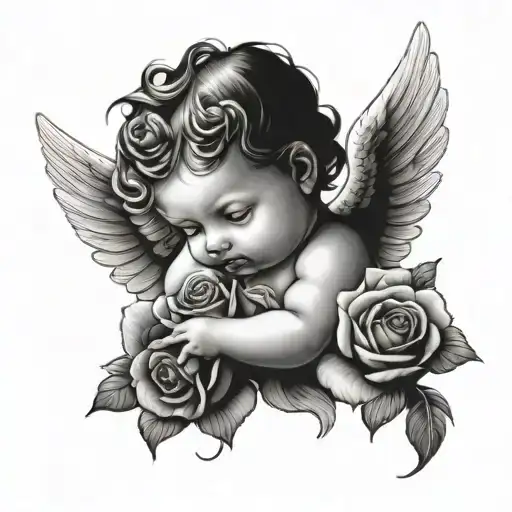 Baby Angel Holding Rose Intertwined