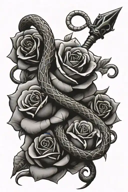 Snake Wrapped Around Dagger And Rose Intertwined